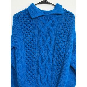 OHI Vintage 80s Cobalt Blue Chunky Cable Knit Popcorn Sweater Collared Womens M